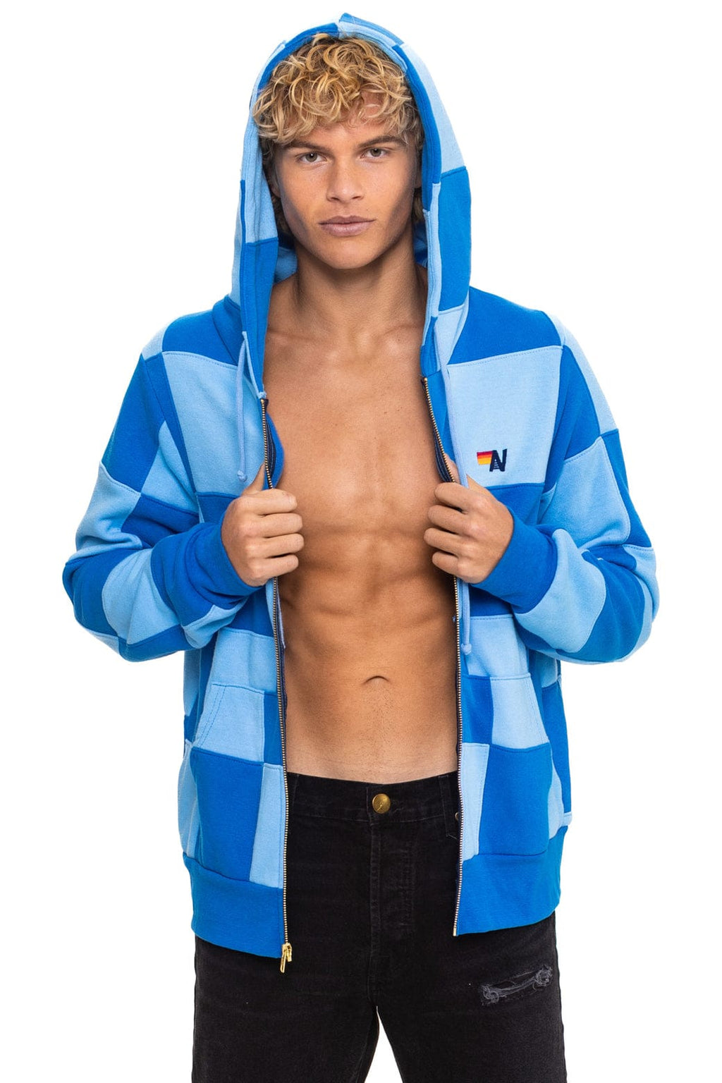 CHECK QUILT ZIP HOODIE - SKY ADVENTURE BLUE