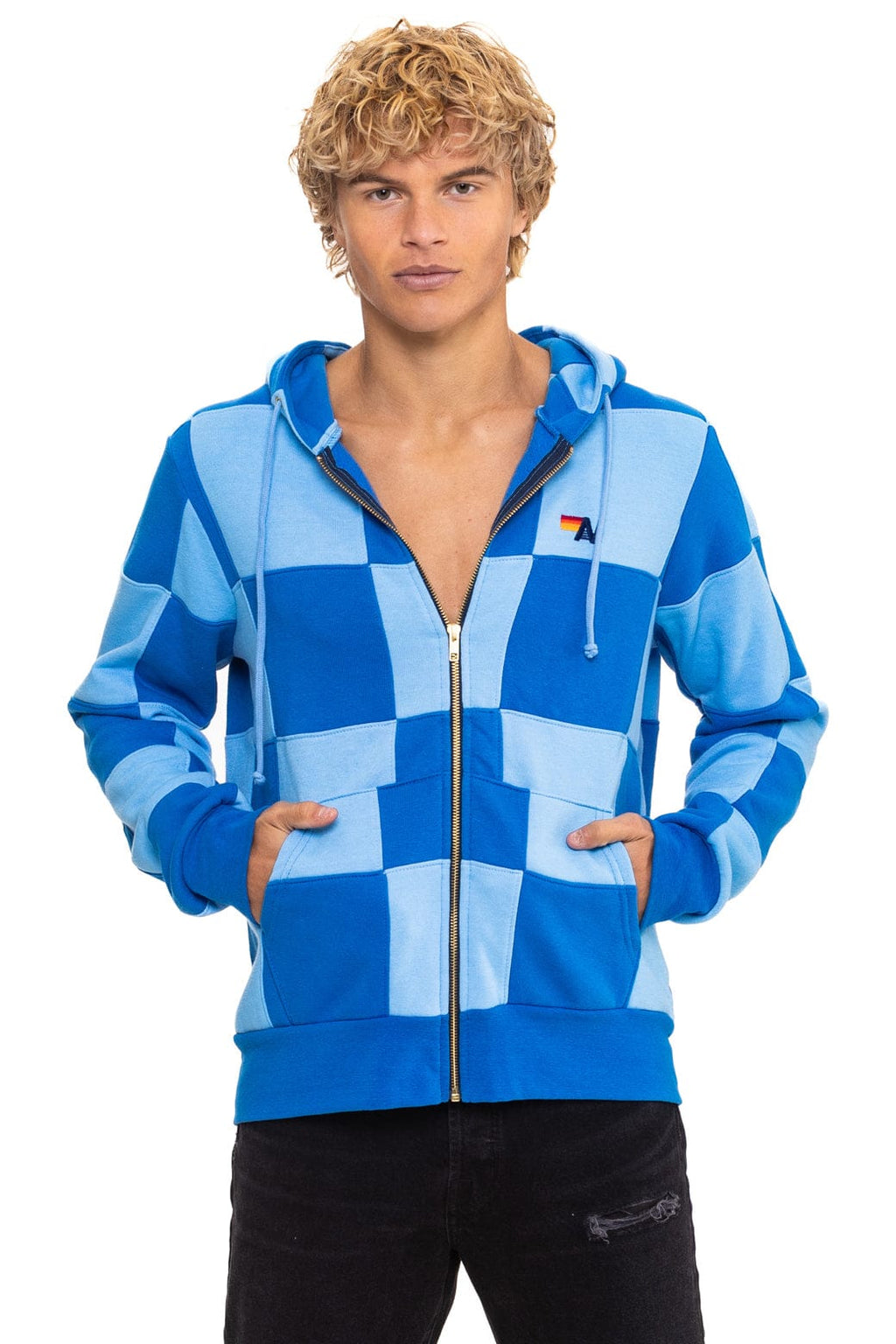 CHECK QUILT ZIP HOODIE - SKY ADVENTURE BLUE