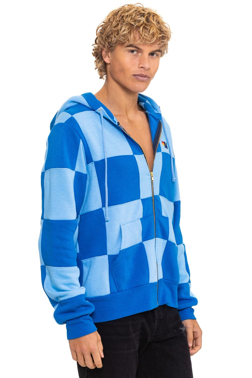 CHECK QUILT ZIP HOODIE - SKY ADVENTURE BLUE