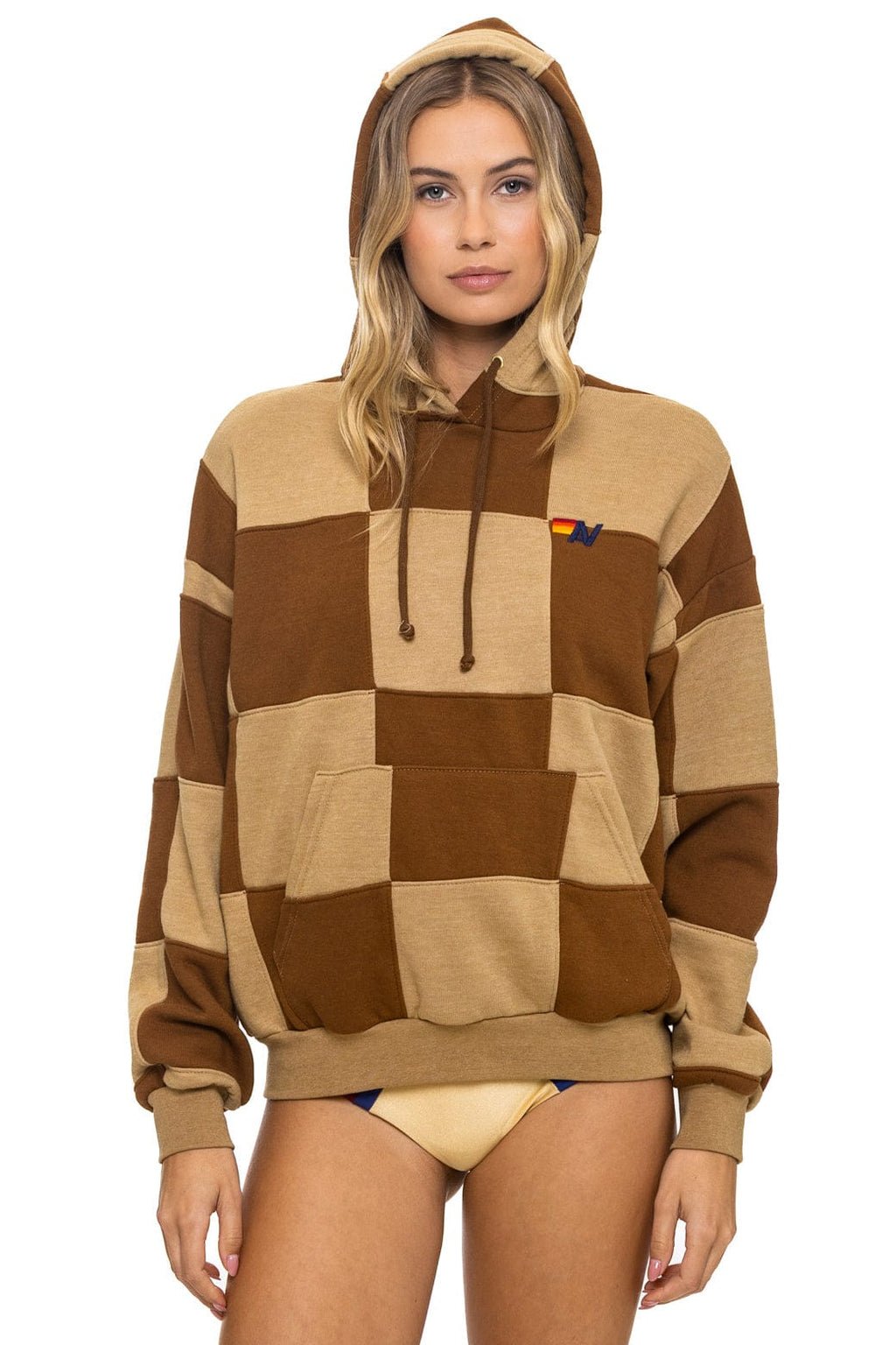 CHECK QUILT RELAXED PULLOVER HOODIE - TAN CINNAMON