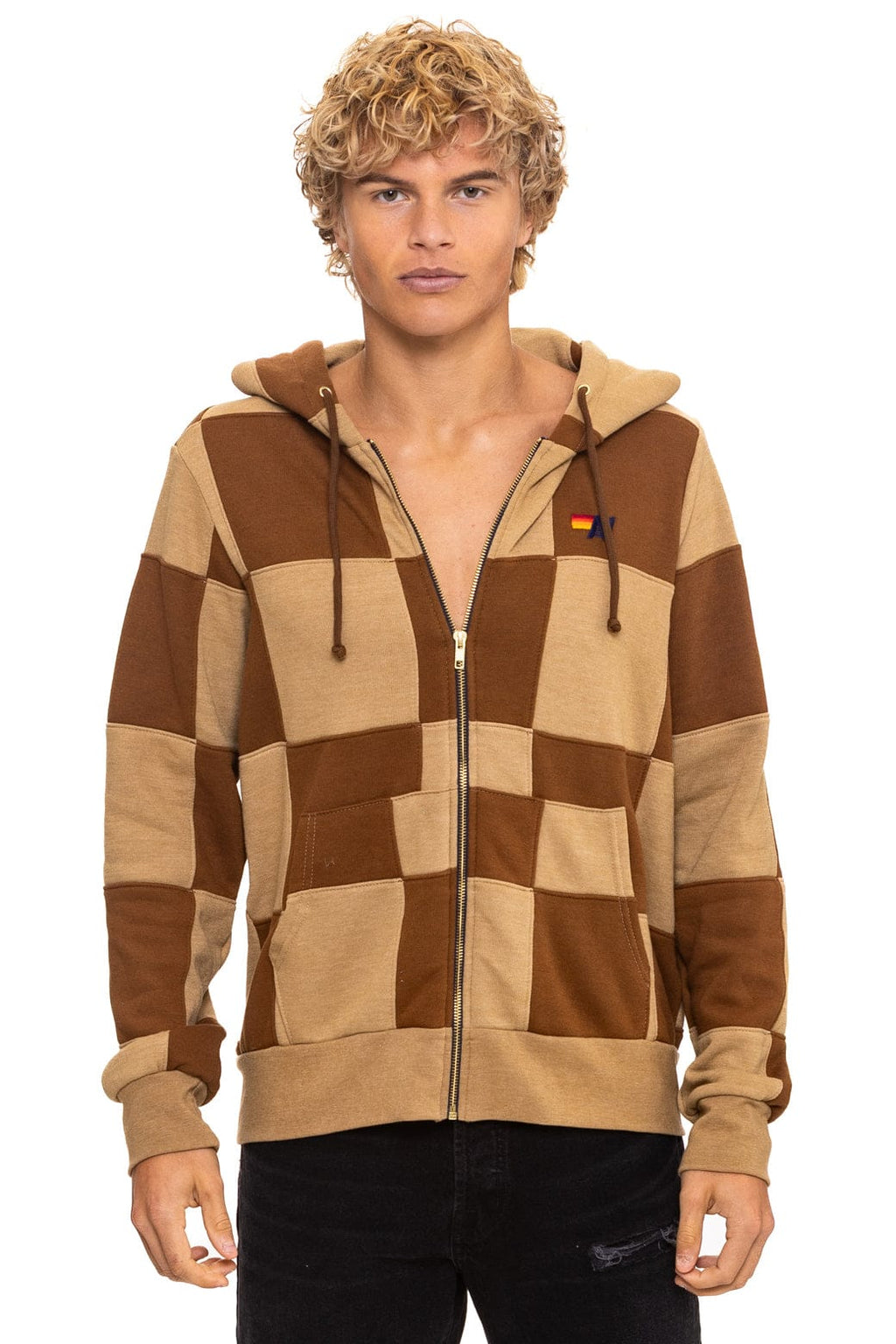 CHECK QUILT ZIP HOODIE - TAN CINNAMON