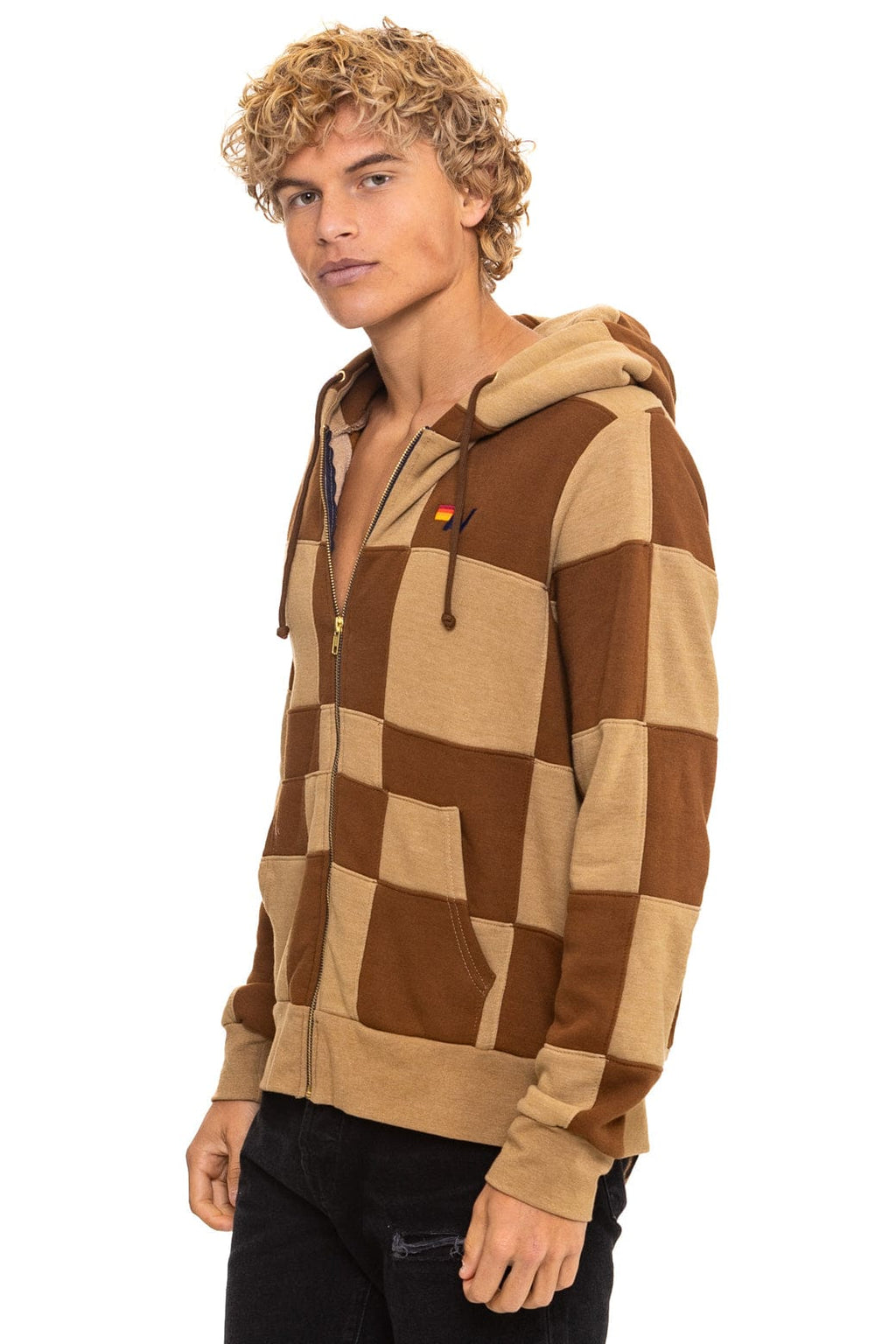 CHECK QUILT ZIP HOODIE - TAN CINNAMON