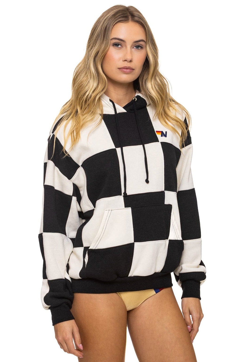 CHECK QUILT RELAXED PULLOVER HOODIE - VINTAGE WHITE BLACK