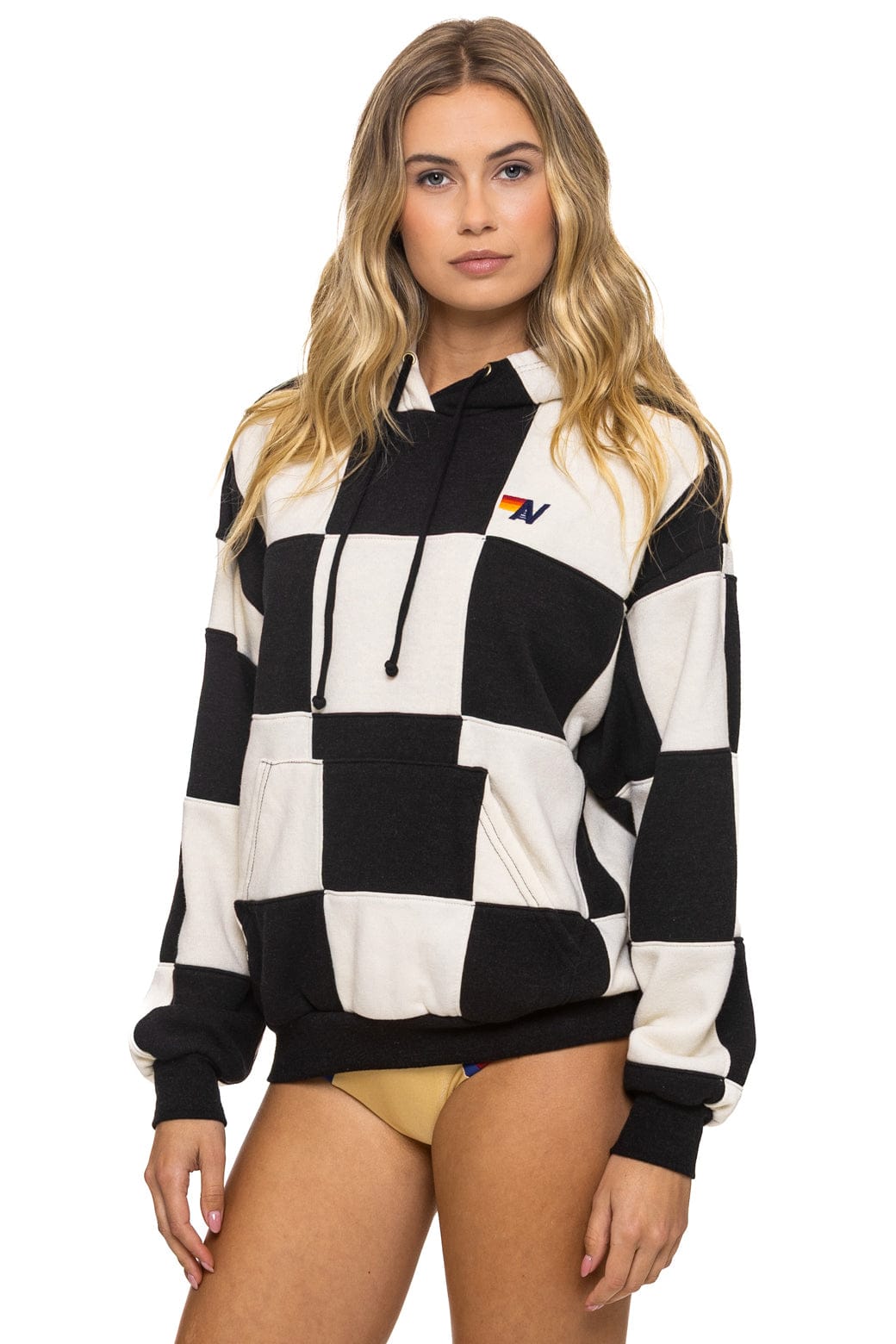CHECK QUILT RELAXED PULLOVER HOODIE - VINTAGE WHITE BLACK