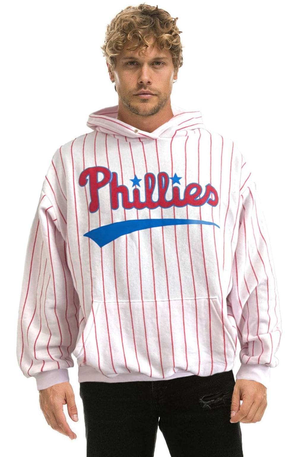 PHILADELPHIA PHILLIES PINSTRIPE 2026 RELAXED PULLOVER HOODIE - WHITE RED