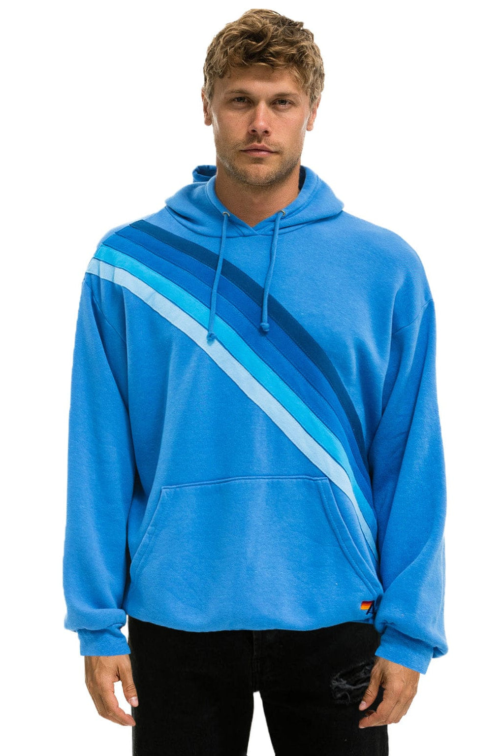 CROSS STRIPE RELAXED PULLOVER HOODIE - COBALT BLUE