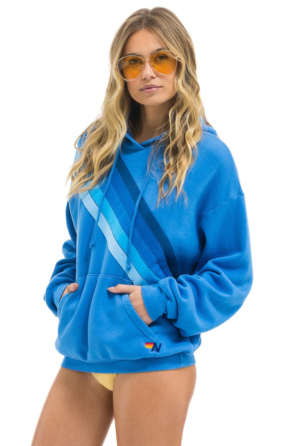 CROSS STRIPE RELAXED PULLOVER HOODIE - COBALT BLUE