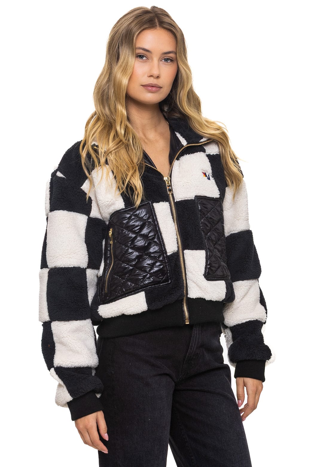 TEDDY CHECKERBOARD WOMENS FULL ZIP JACKET - VINTAGE BLACK