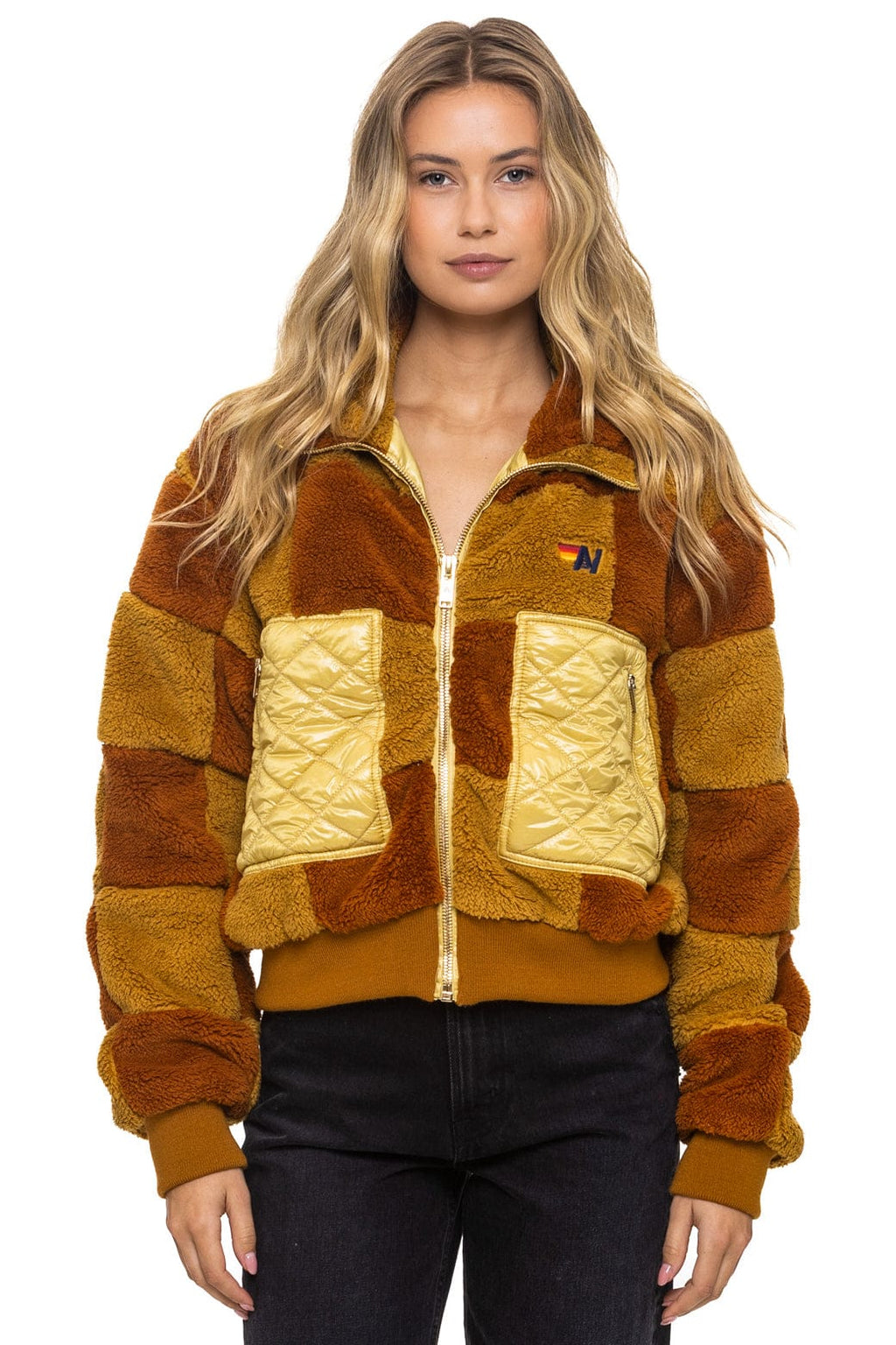 TEDDY CHECKERBOARD WOMENS FULL ZIP JACKET - HONEY WHISKEY