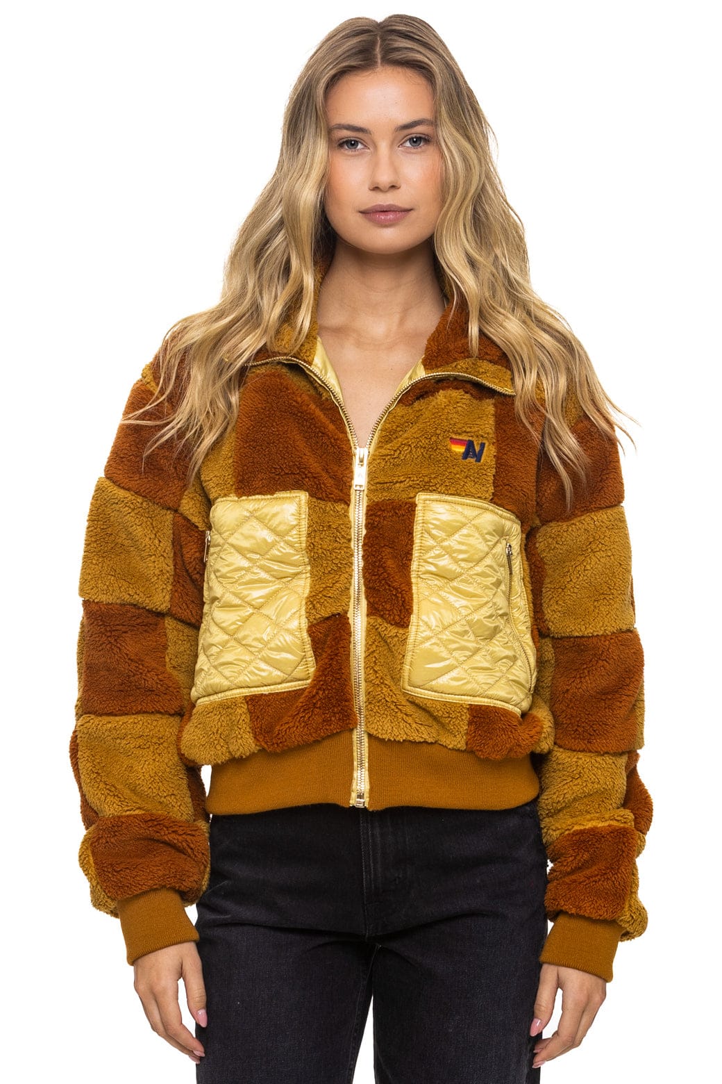 TEDDY CHECKERBOARD WOMENS FULL ZIP JACKET - HONEY WHISKEY