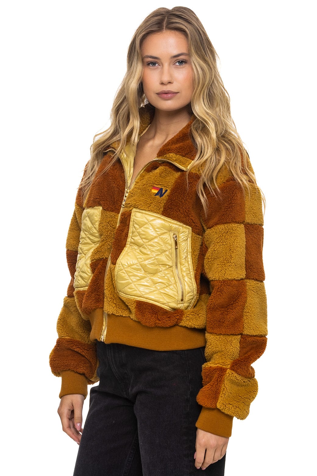 TEDDY CHECKERBOARD WOMENS FULL ZIP JACKET - HONEY WHISKEY