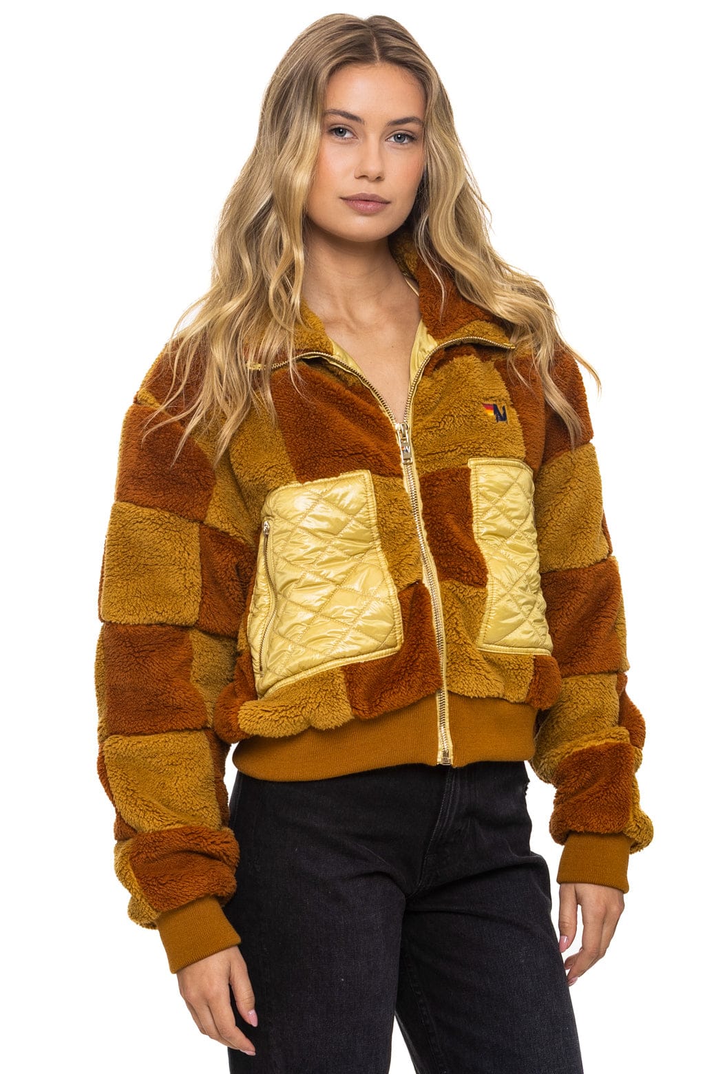 TEDDY CHECKERBOARD WOMENS FULL ZIP JACKET - HONEY WHISKEY