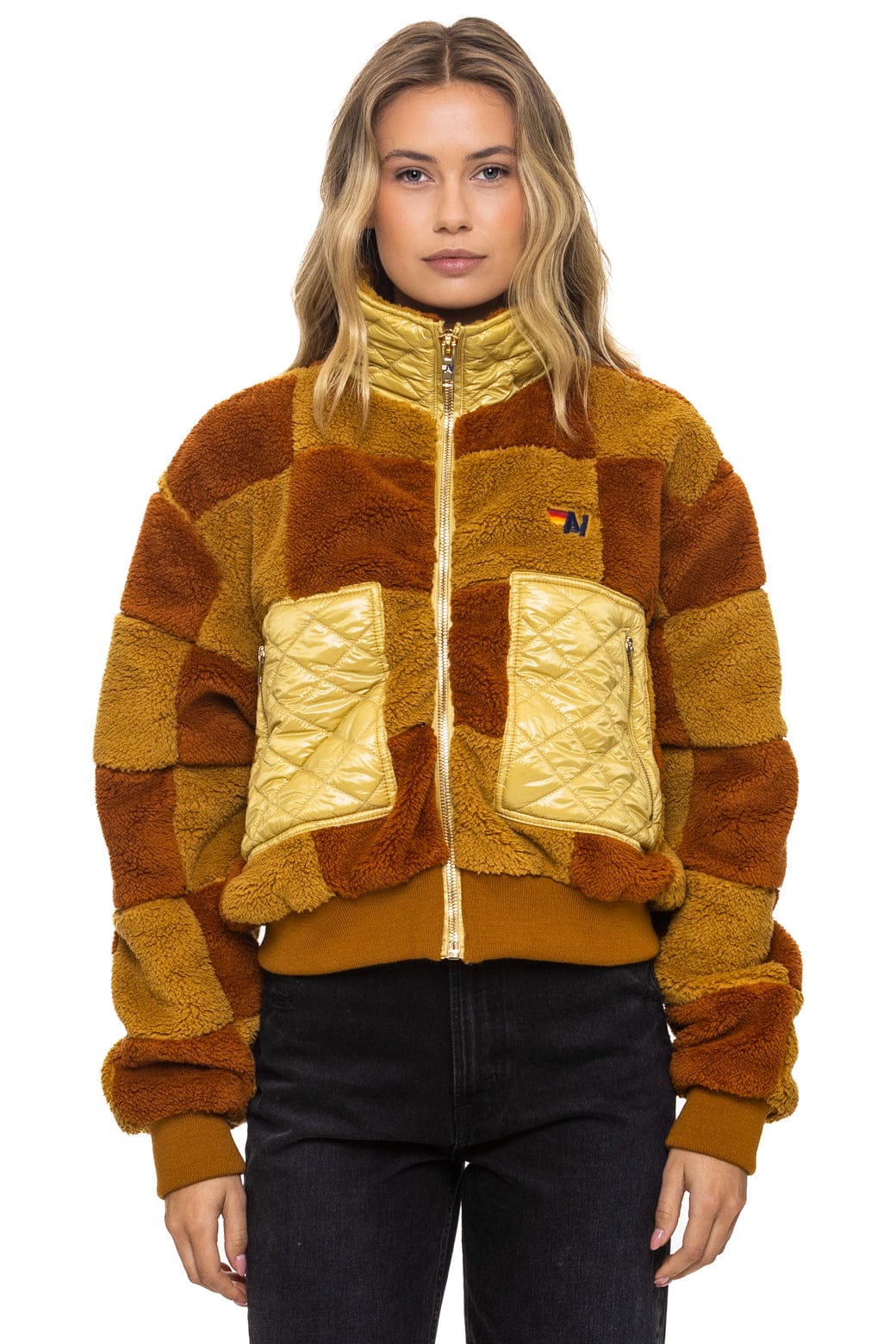 TEDDY CHECKERBOARD WOMENS FULL ZIP JACKET - HONEY WHISKEY