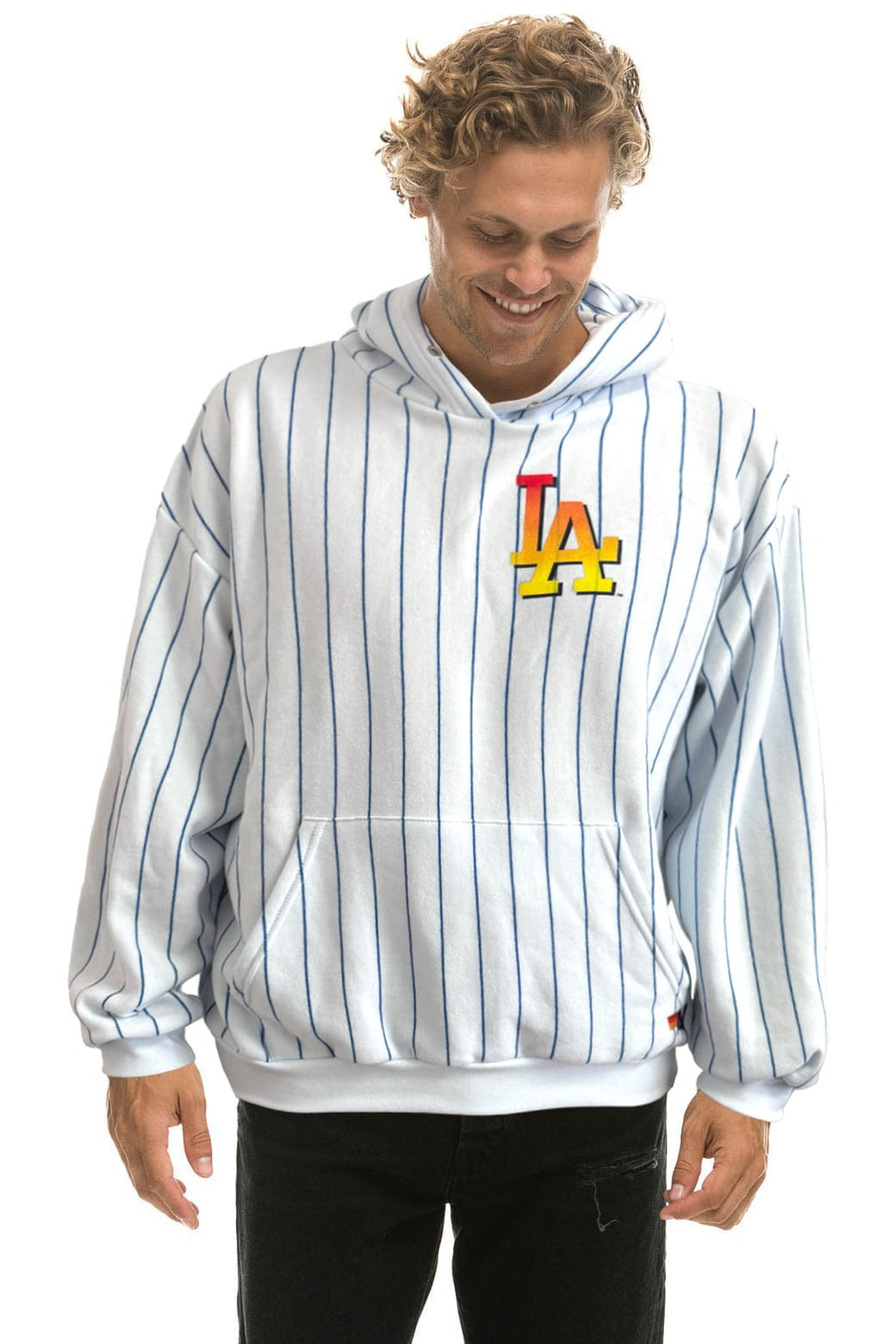 LOS ANGELES DODGERS PINSTRIPE 2026 RELAXED PULLOVER HOODIE - WHITE BLUE