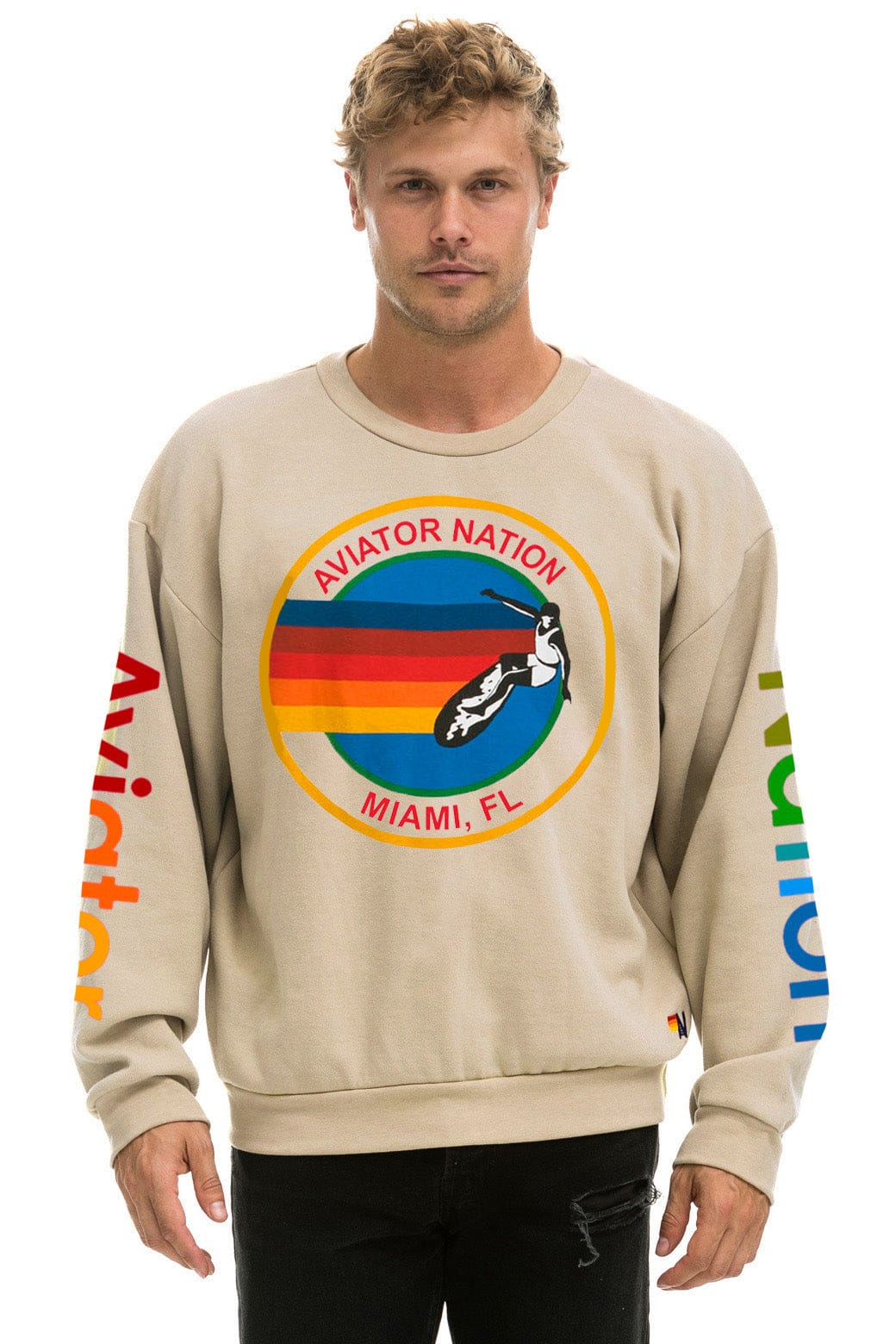 AVIATOR NATION MIAMI RELAXED CREW SWEATSHIRT - SAND