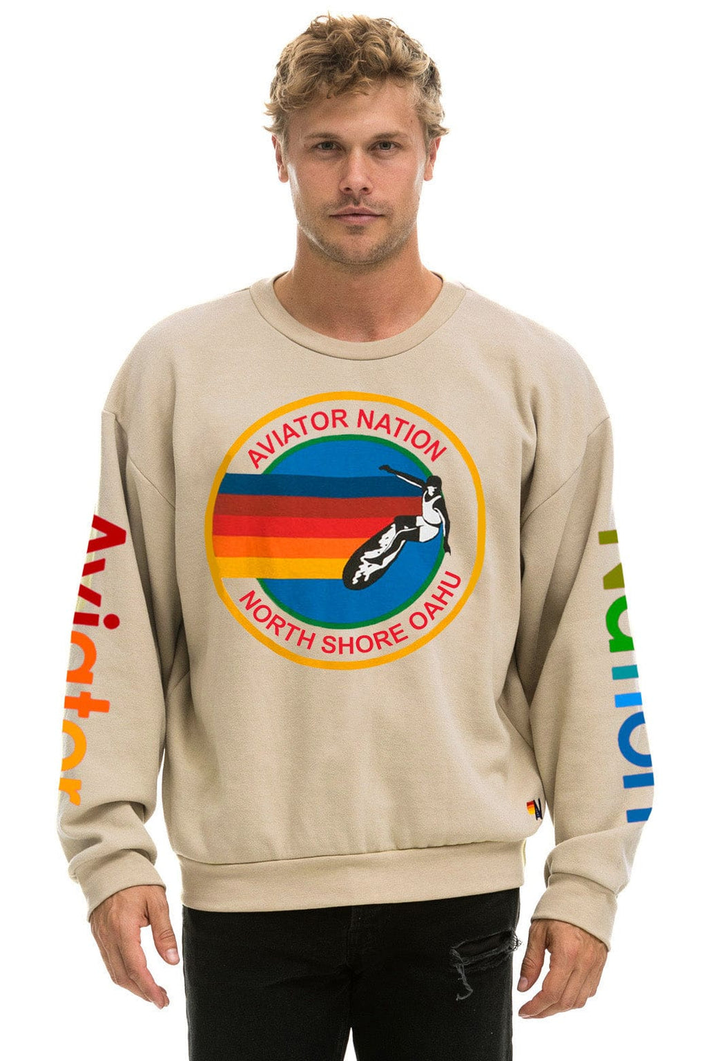 AVIATOR NATION NORTH SHORE RELAXED CREW SWEATSHIRT - SAND