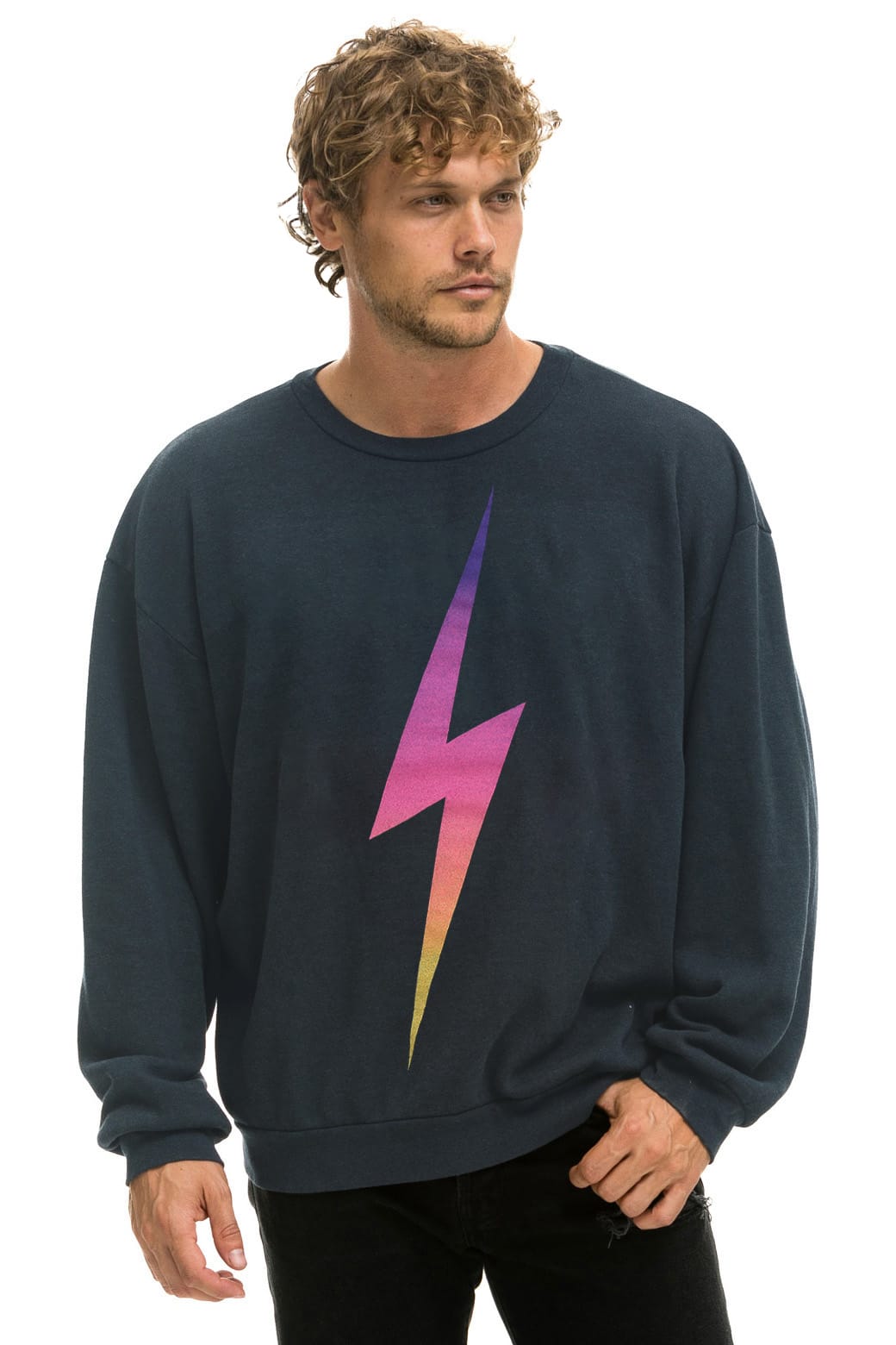 BOLT FADE RELAXED CREW SWEATSHIRT - CHARCOAL PINK PURPLE