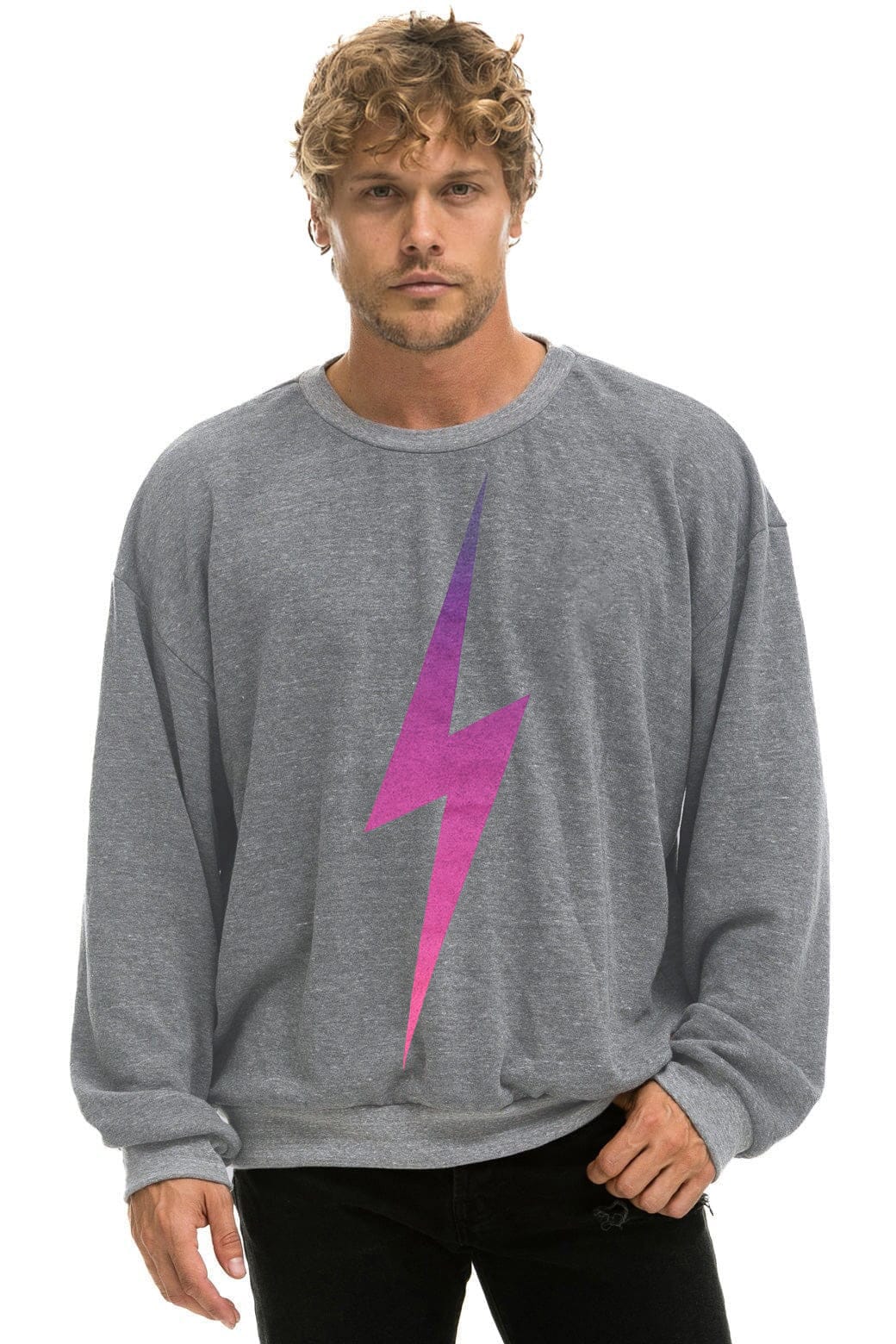 BOLT FADE RELAXED CREW SWEATSHIRT - HEATHER GREY PINK PURPLE