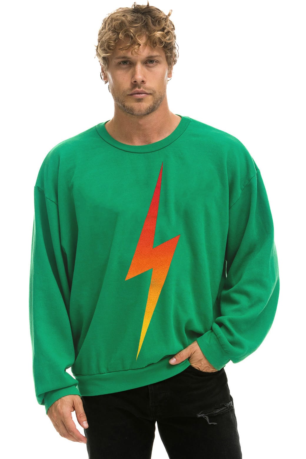 BOLT FADE RELAXED CREW SWEATSHIRT - KELLY GREEN RED YELLOW