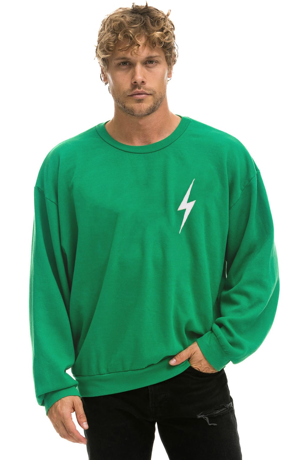 BOLT STITCH RELAXED CREW SWEATSHIRT - KELLY GREEN WHITE