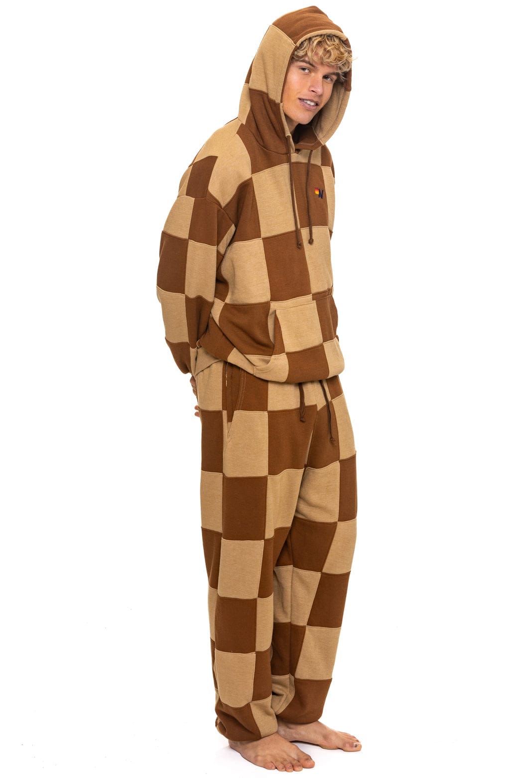 CHECK QUILTED SWEATPANTS - TAN CINNAMON
