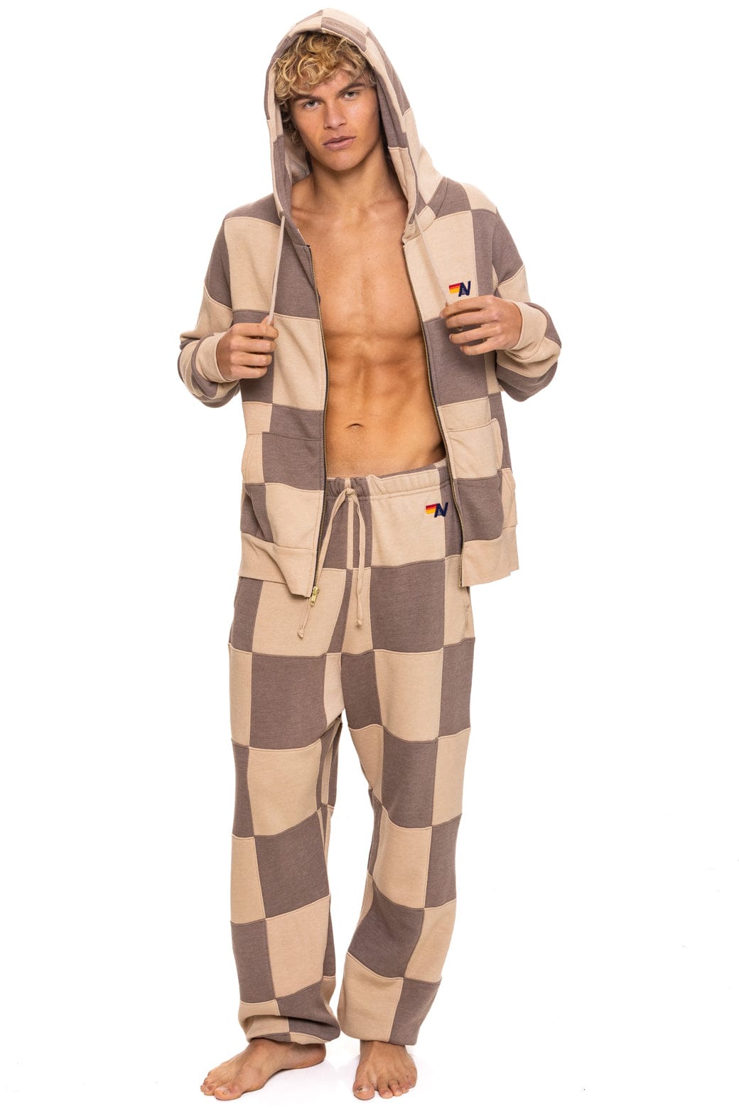 CHECK QUILT ZIP HOODIE - SAND TAUPE