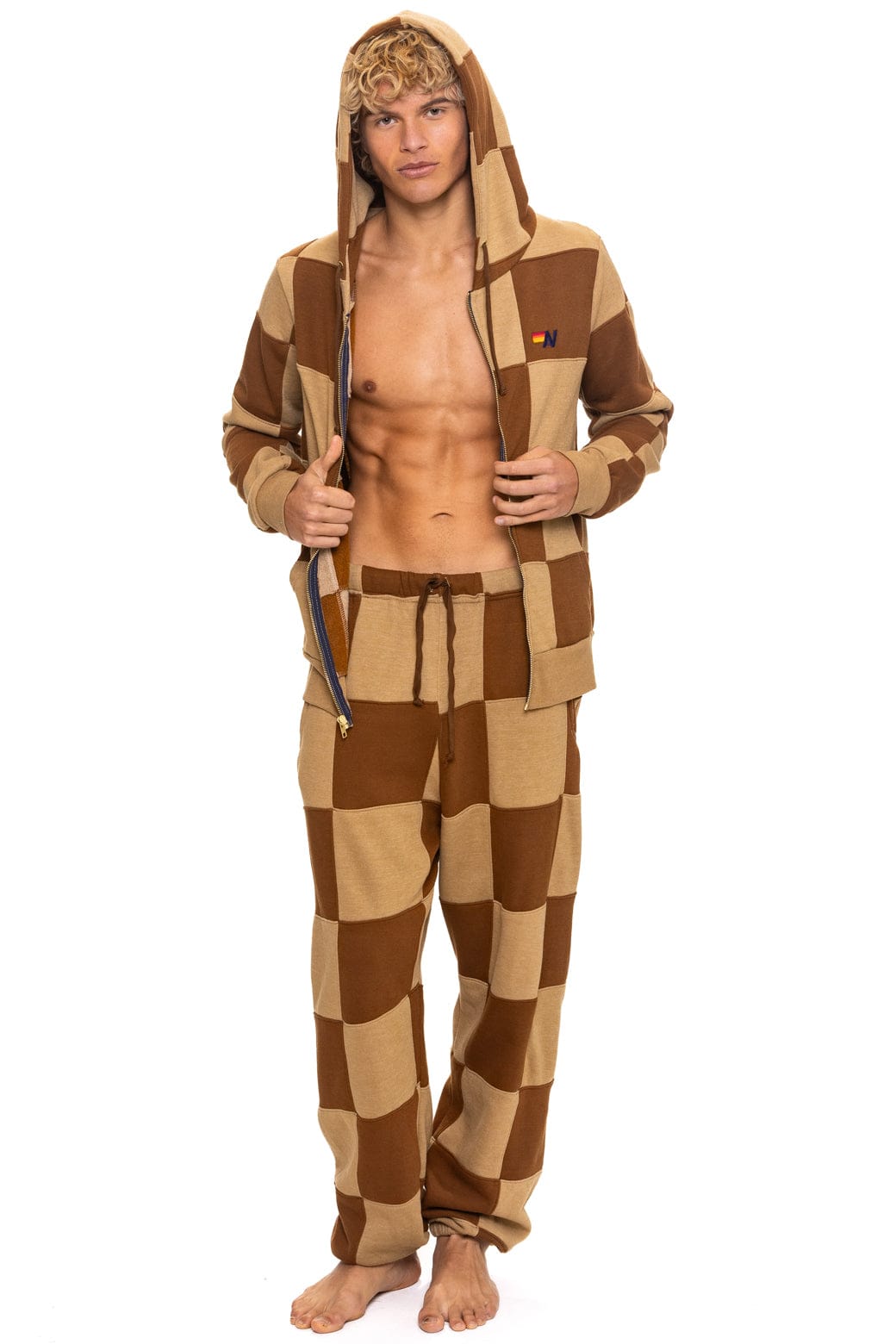 CHECK QUILT ZIP HOODIE - TAN CINNAMON