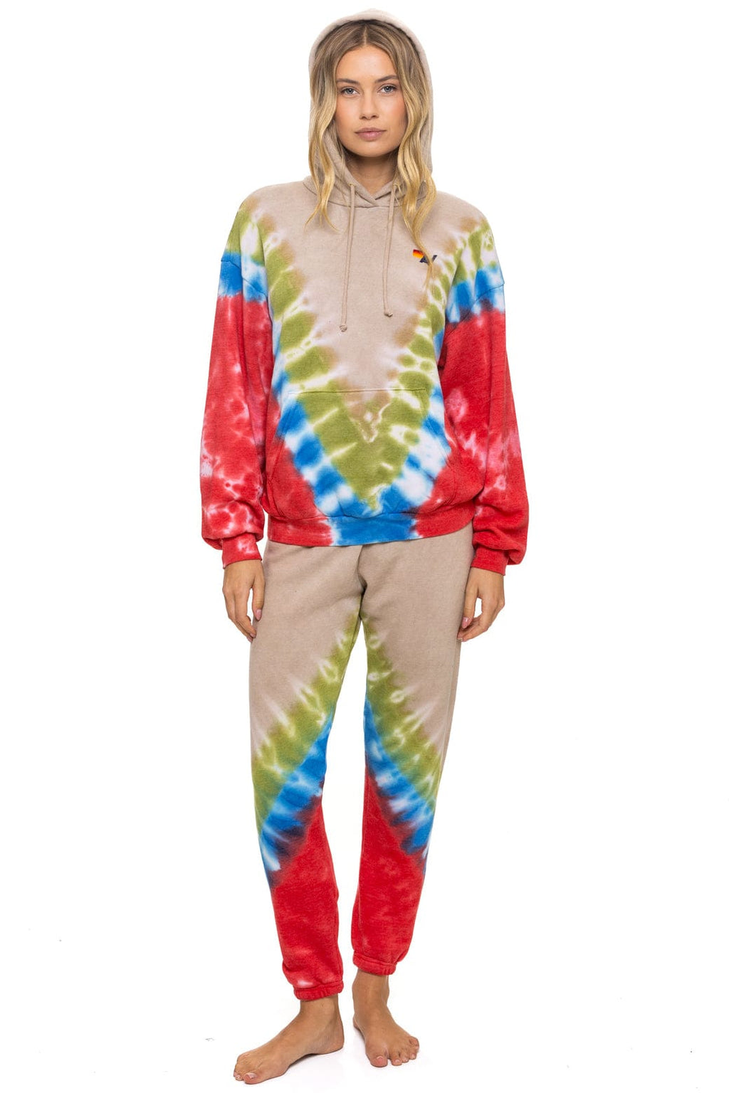 HAND DYED V RELAXED PULLOVER HOODIE - TIE DYE SAND BLUE RED