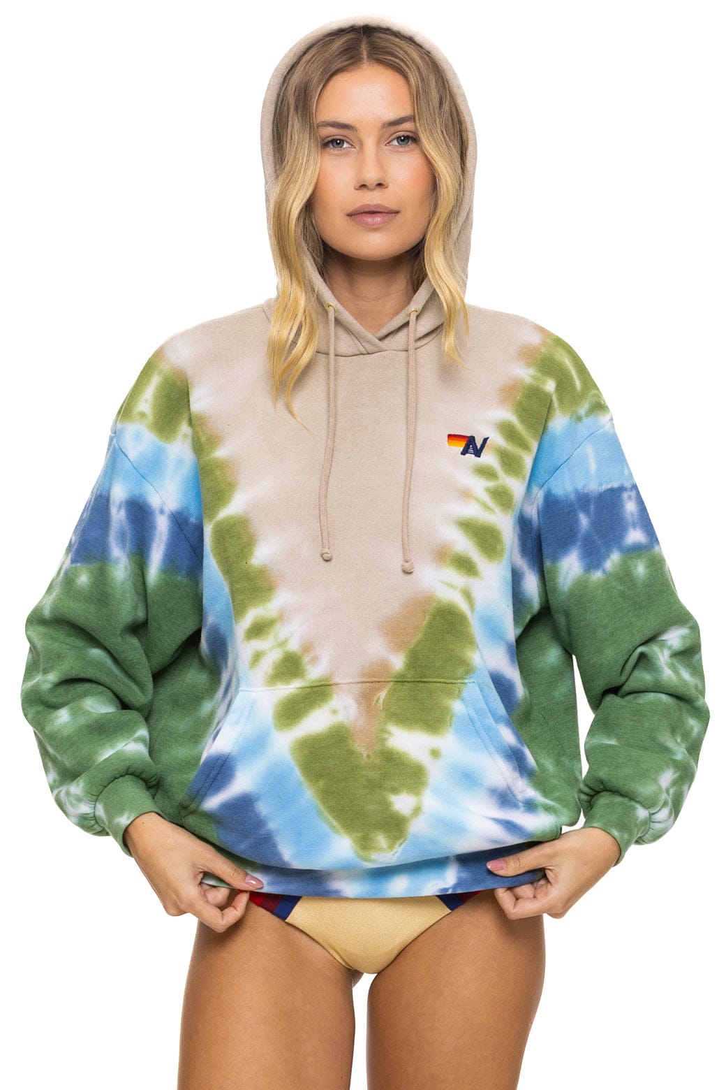 HAND DYED V RELAXED PULLOVER HOODIE - TIE DYE SAND BLUE GREEN