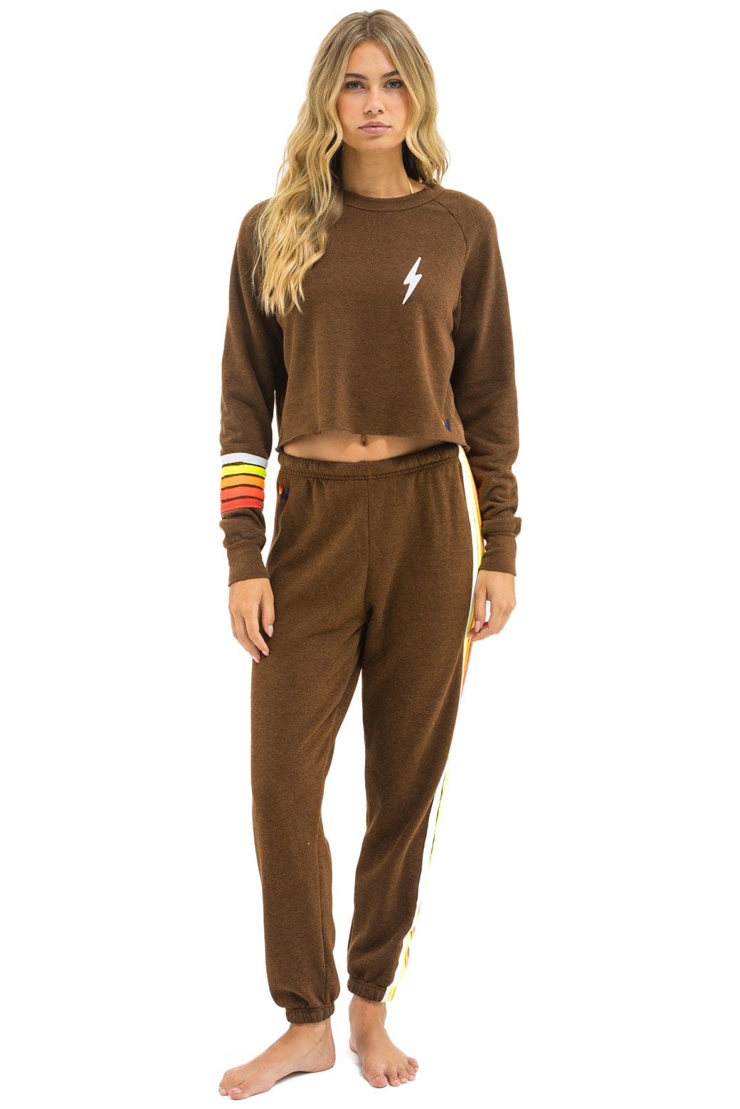 BOLT RUGBY STITCH CROPPED CREW SWEATSHIRT - CHOCOLATE WHITE NEON