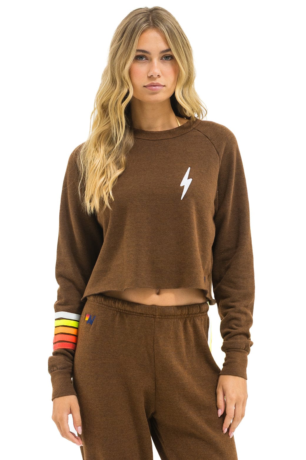 BOLT RUGBY STITCH CROPPED CREW SWEATSHIRT - CHOCOLATE WHITE NEON