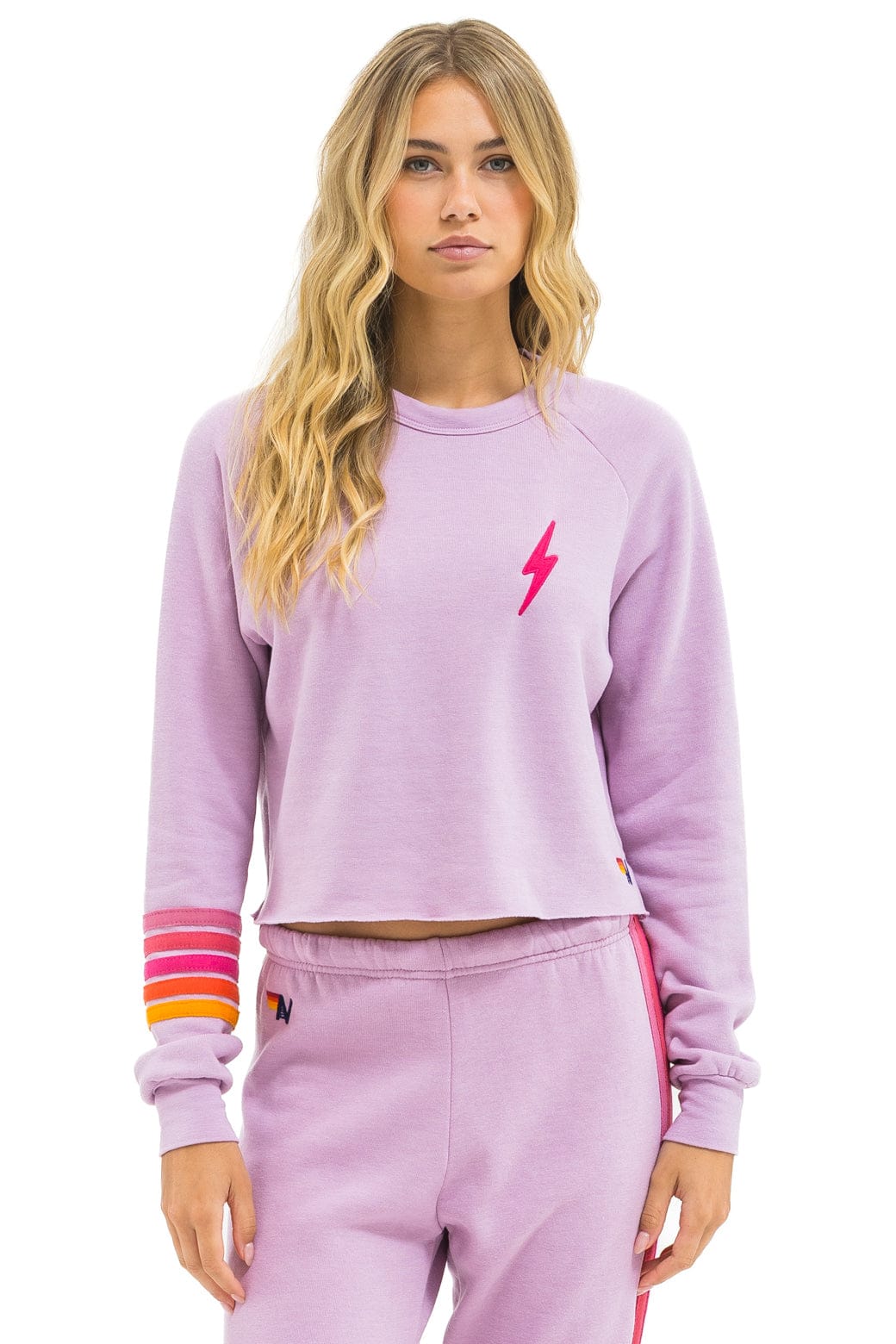 BOLT RUGBY STITCH CROPPED CREW SWEATSHIRT - MAUVE MAGENTA ORANGE
