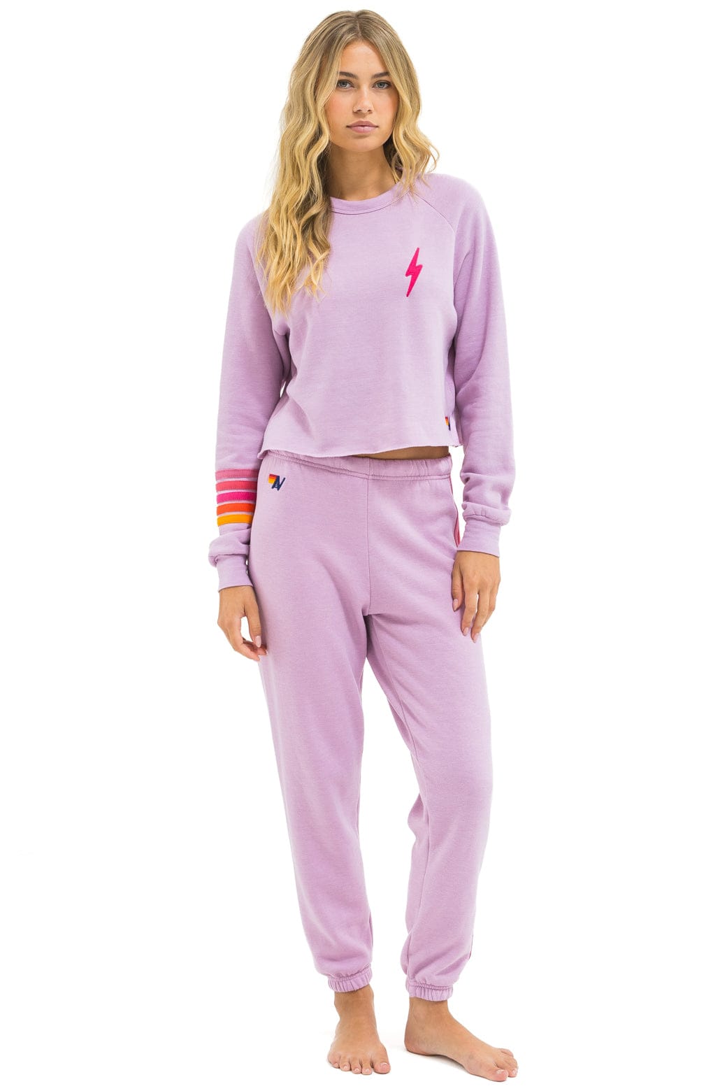 BOLT RUGBY STITCH CROPPED CREW SWEATSHIRT - MAUVE MAGENTA ORANGE