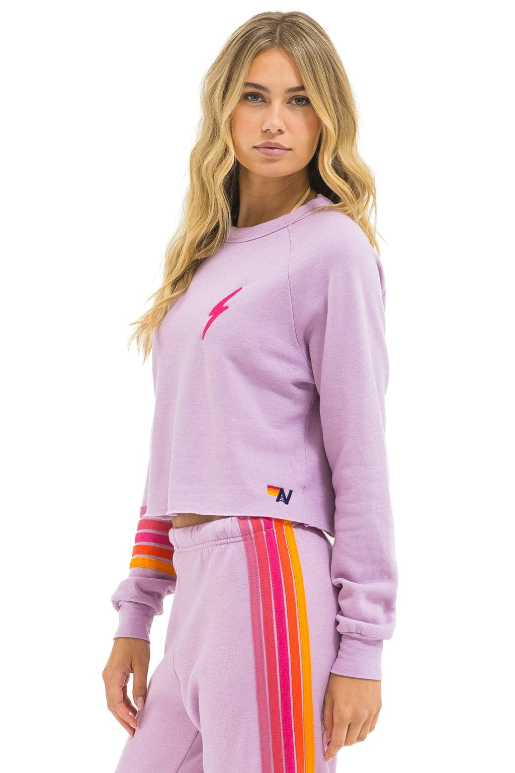 BOLT RUGBY STITCH CROPPED CREW SWEATSHIRT - MAUVE MAGENTA ORANGE