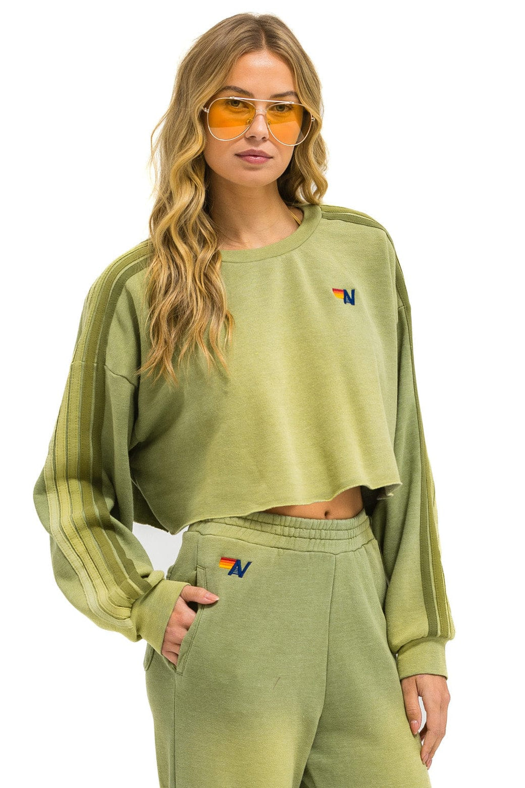 CLASSIC STRIPE CROPPED CREW SWEATSHIRT RELAXED - FADED ARMY