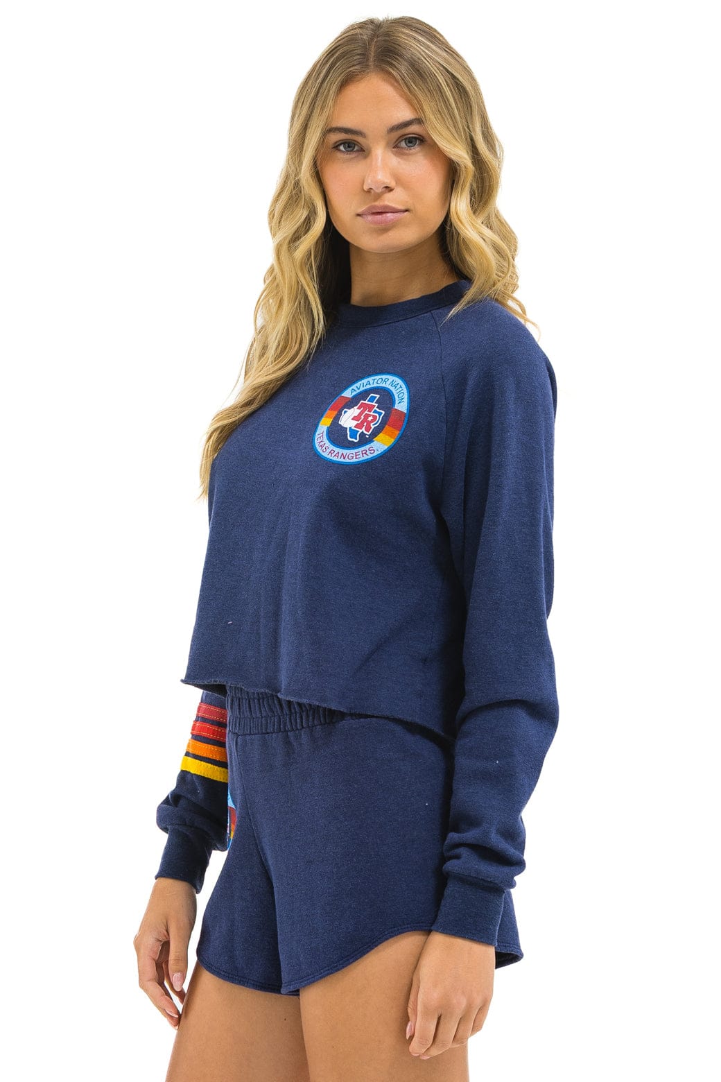TEXAS RANGERS RUGBY STITCH CROPPED CREW SWEATSHIRT - NAVY
