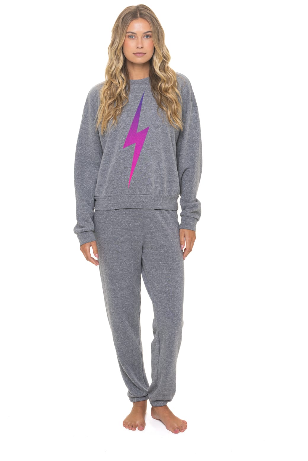 BOLT FADE RELAXED CREW SWEATSHIRT - HEATHER GREY PINK PURPLE