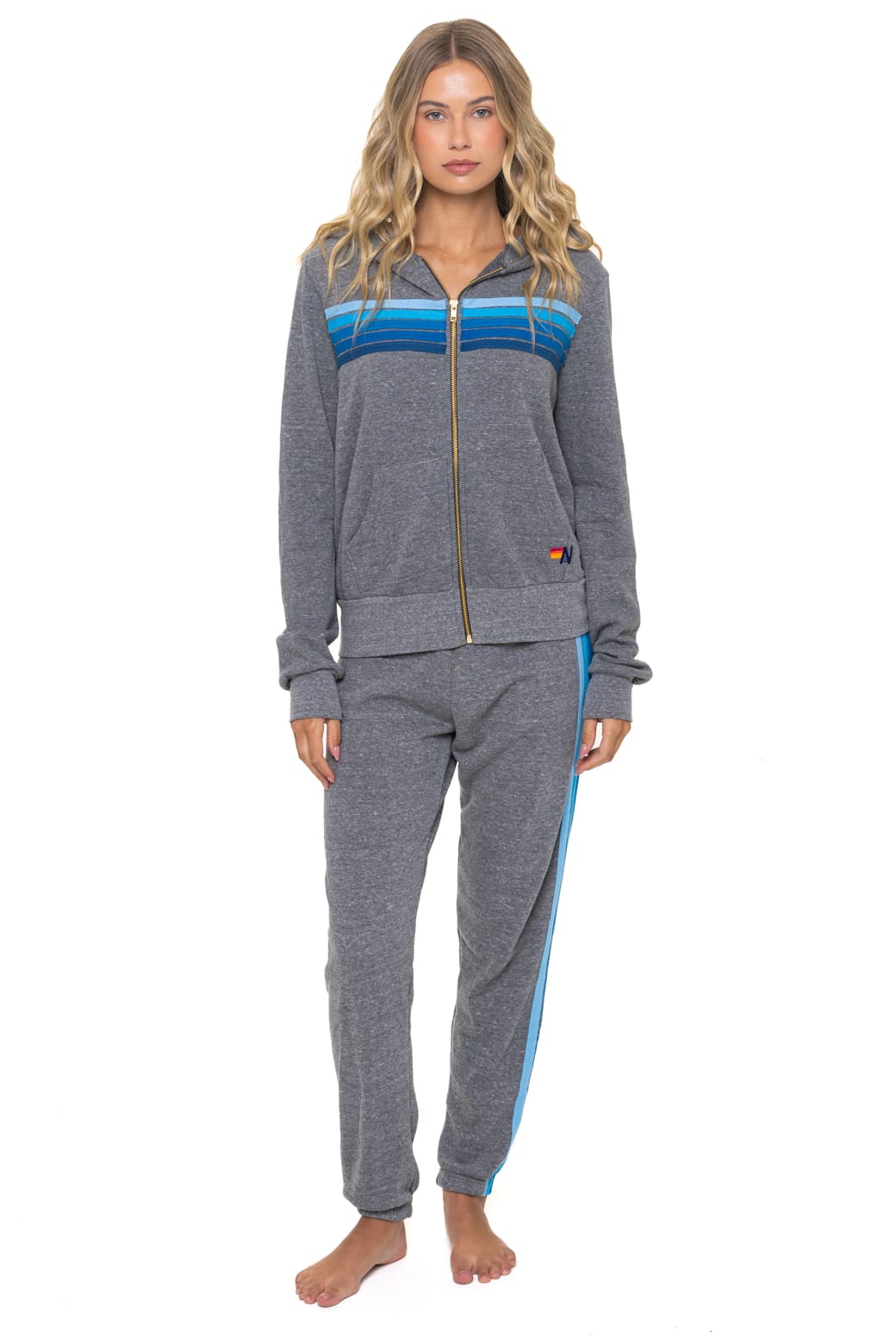 5 STRIPE HOODIE - HEATHER GREY BLUE