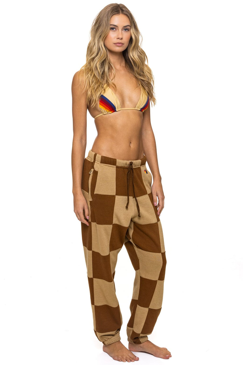 CHECK QUILTED SWEATPANTS - TAN CINNAMON