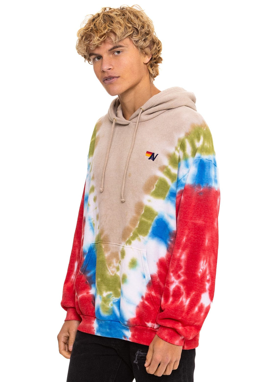 HAND DYED V RELAXED PULLOVER HOODIE - TIE DYE SAND BLUE RED