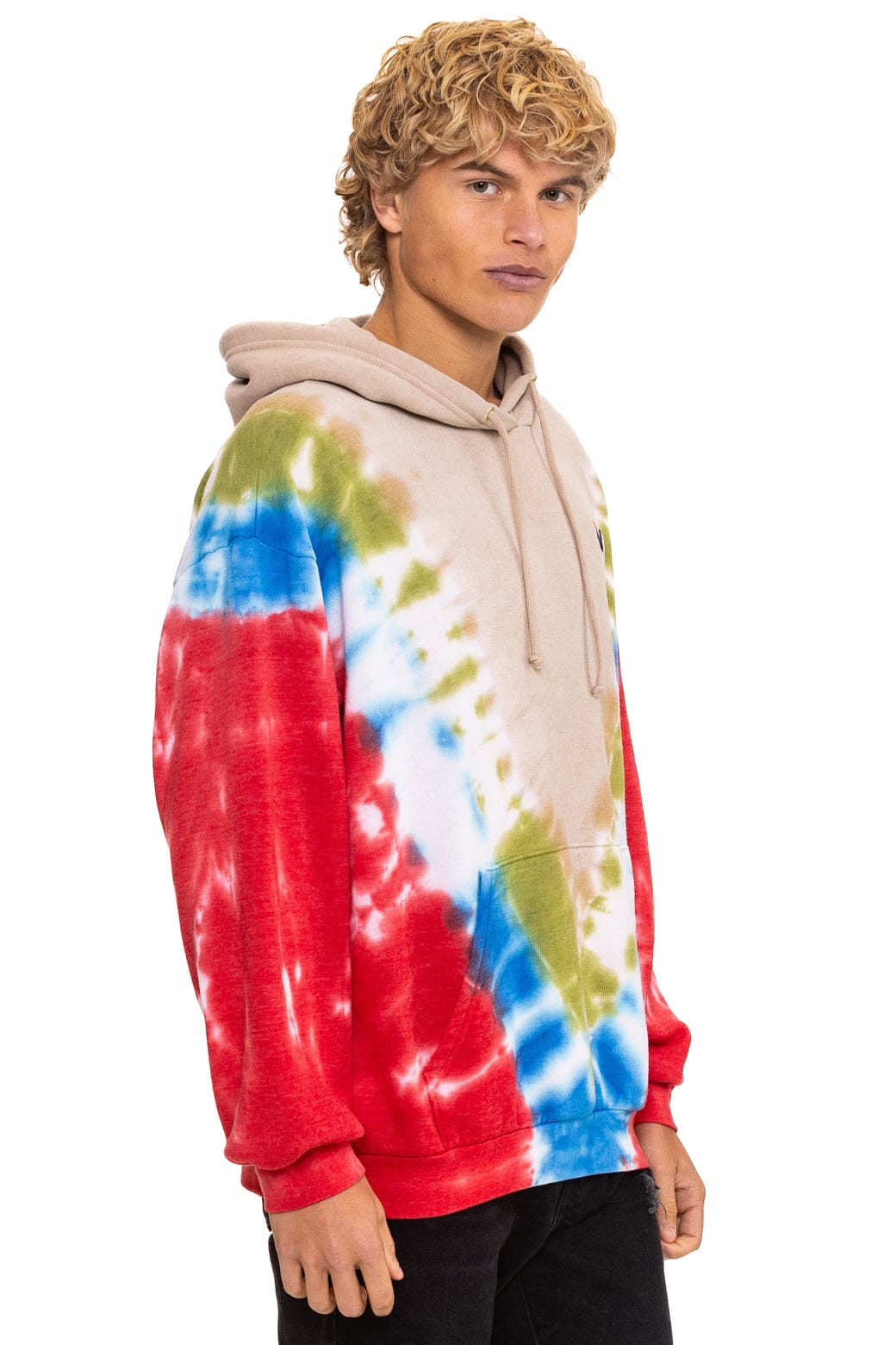 HAND DYED V RELAXED PULLOVER HOODIE - TIE DYE SAND BLUE RED