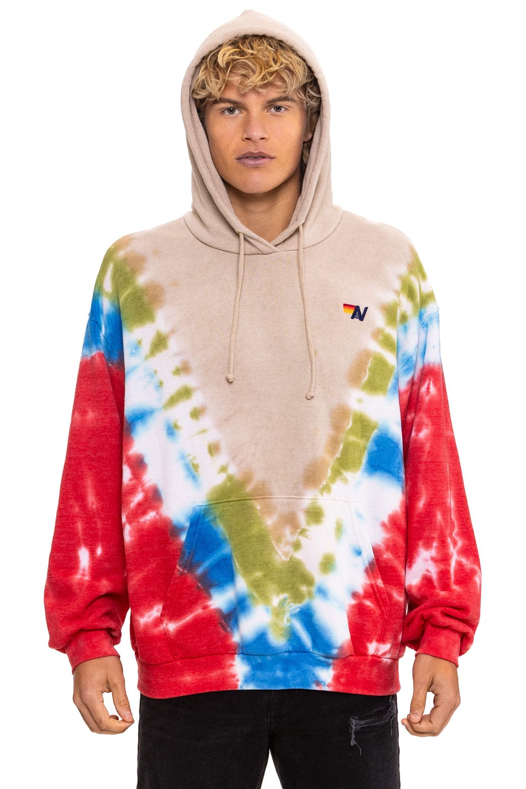 HAND DYED V RELAXED PULLOVER HOODIE - TIE DYE SAND BLUE RED
