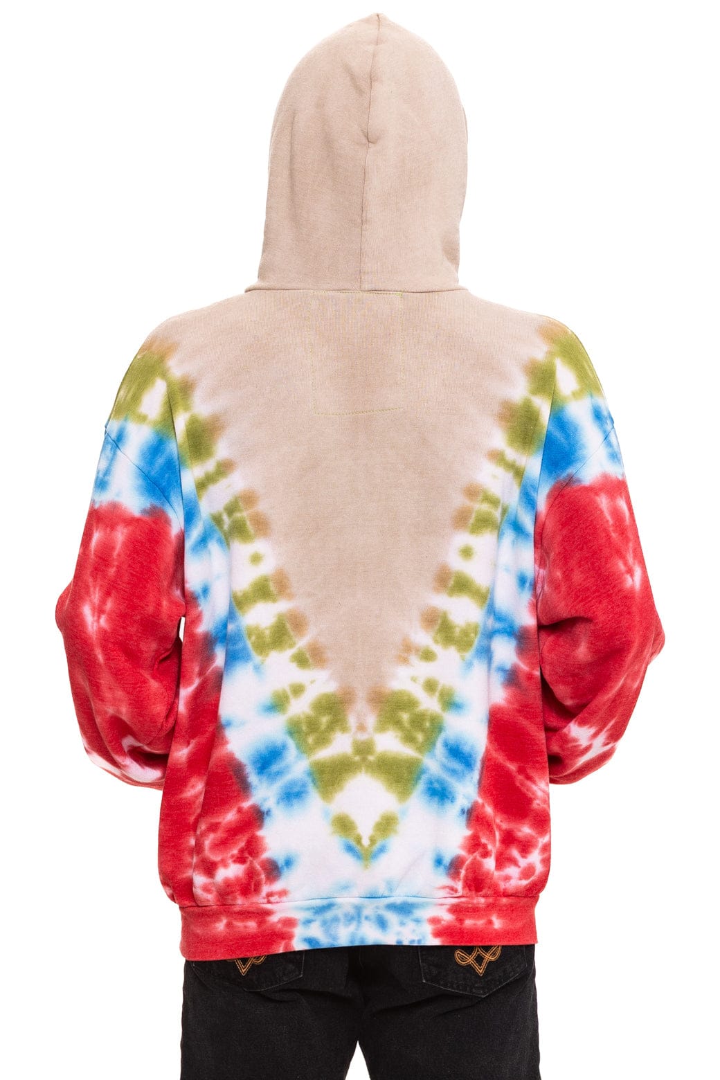HAND DYED V RELAXED PULLOVER HOODIE - TIE DYE SAND BLUE RED