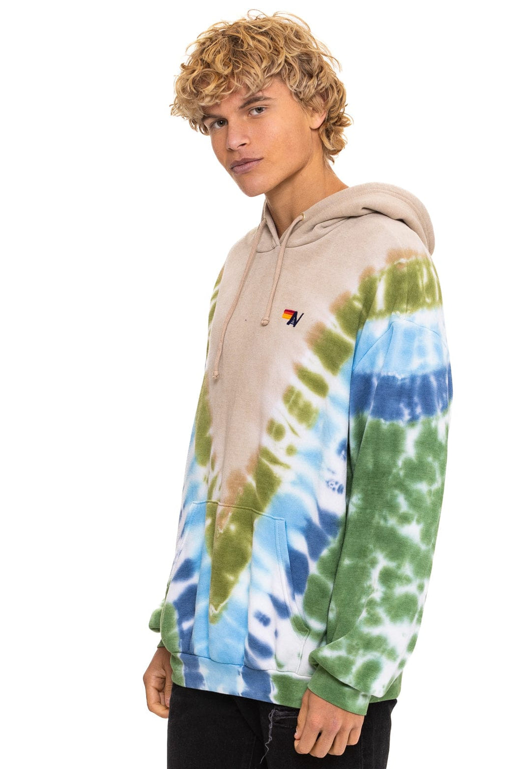 HAND DYED V RELAXED PULLOVER HOODIE - TIE DYE SAND BLUE GREEN