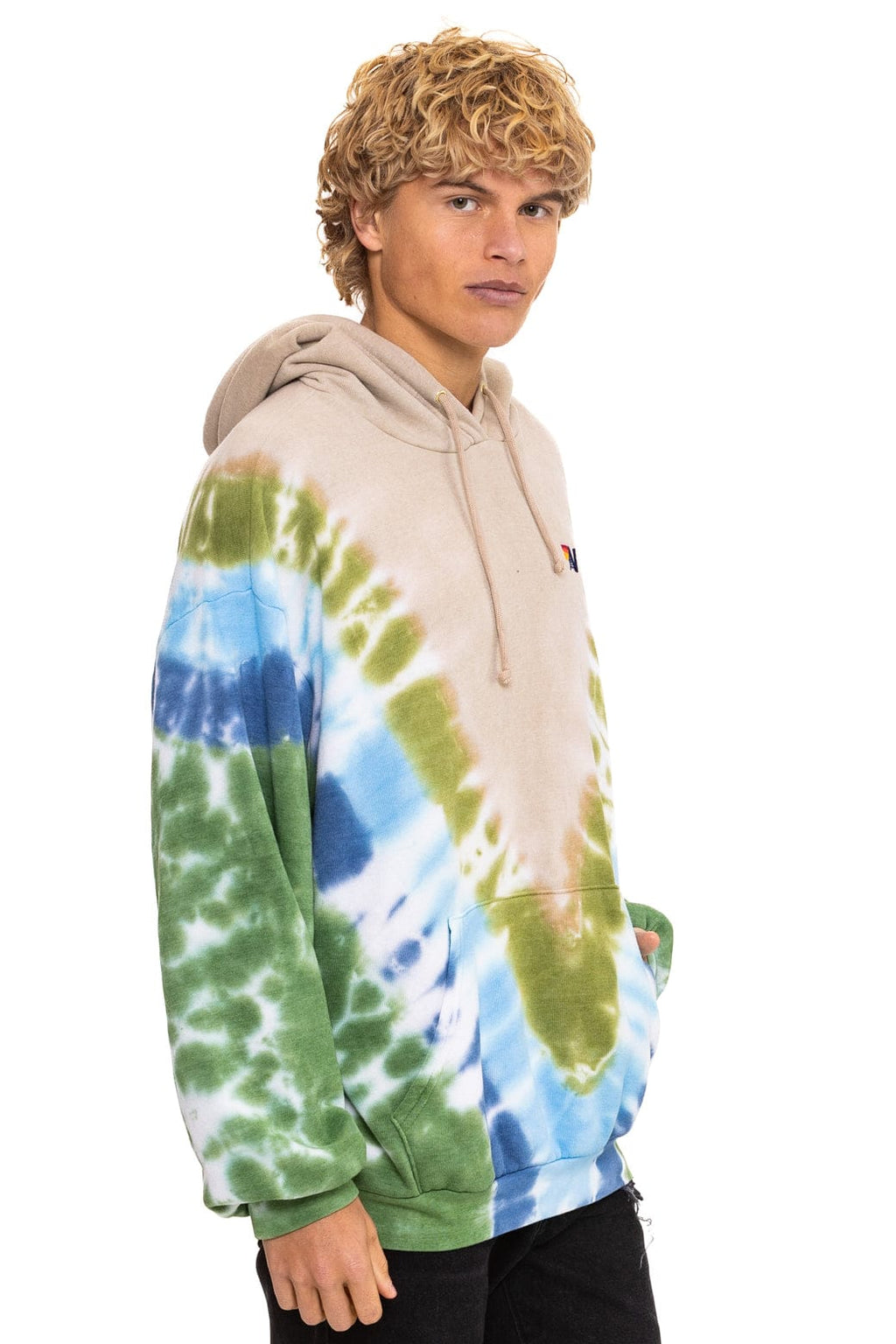HAND DYED V RELAXED PULLOVER HOODIE - TIE DYE SAND BLUE GREEN