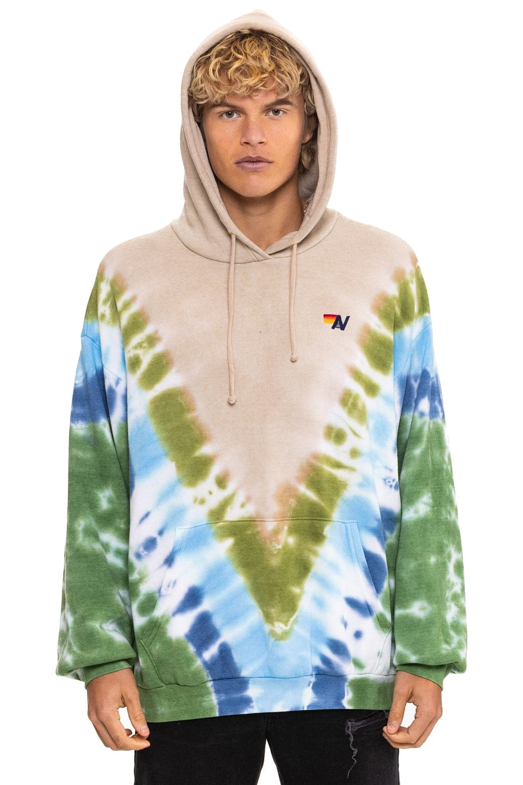 HAND DYED V RELAXED PULLOVER HOODIE - TIE DYE SAND BLUE GREEN