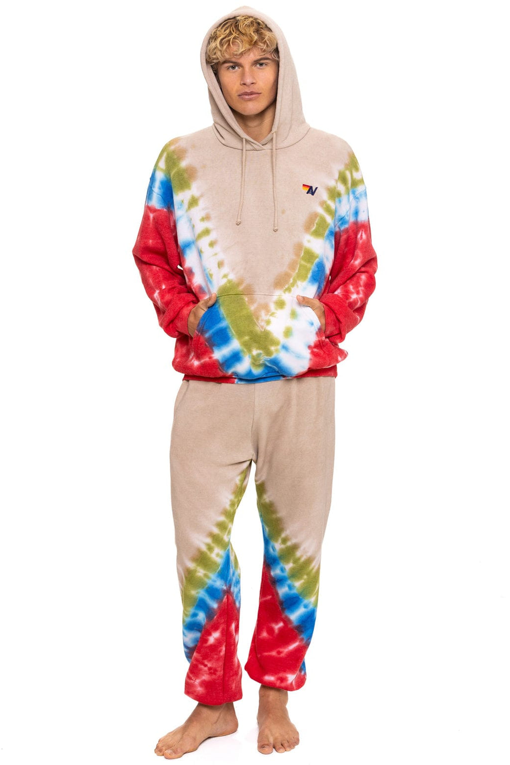 HAND DYED V RELAXED PULLOVER HOODIE - TIE DYE SAND BLUE RED