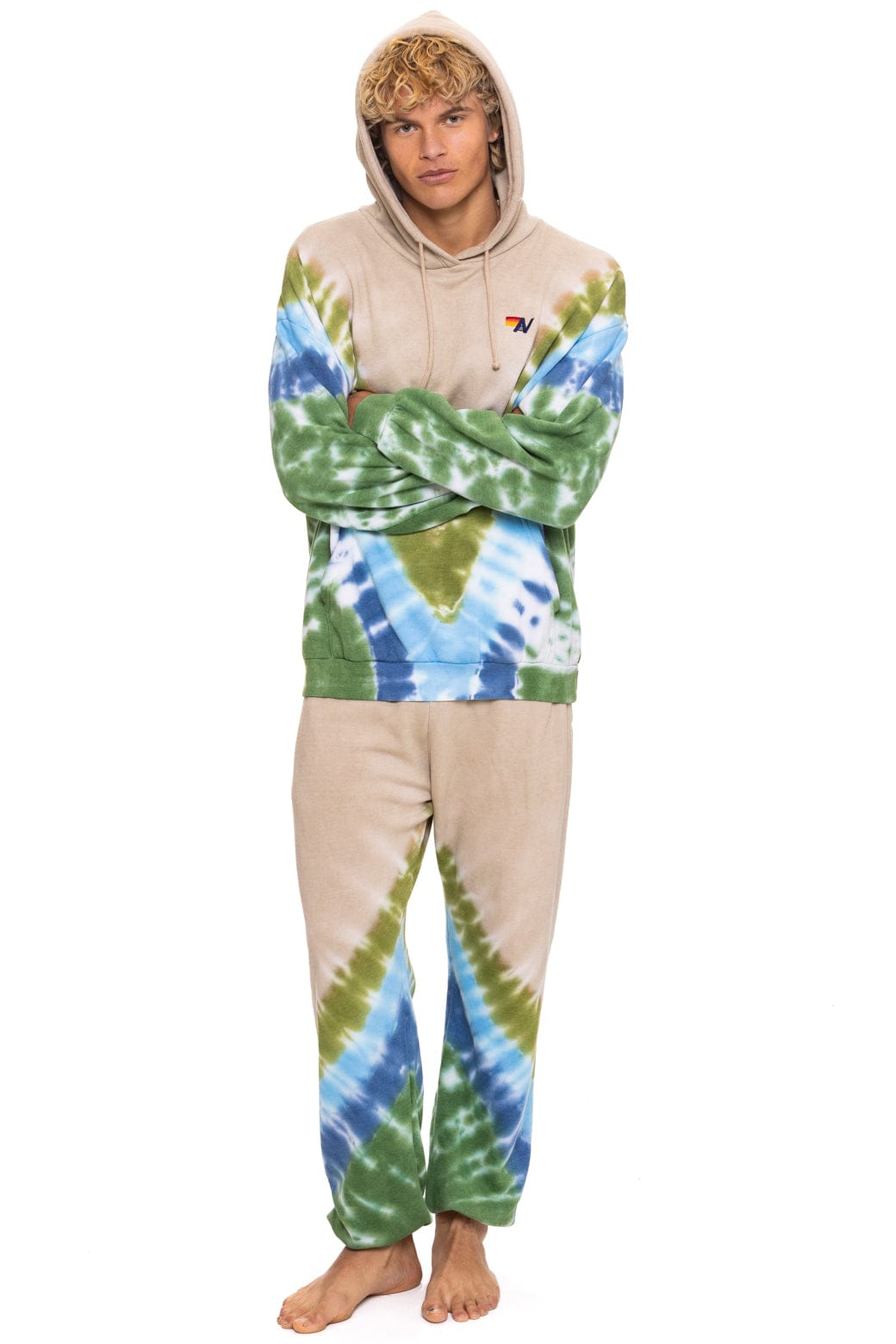HAND DYED V RELAXED PULLOVER HOODIE - TIE DYE SAND BLUE GREEN