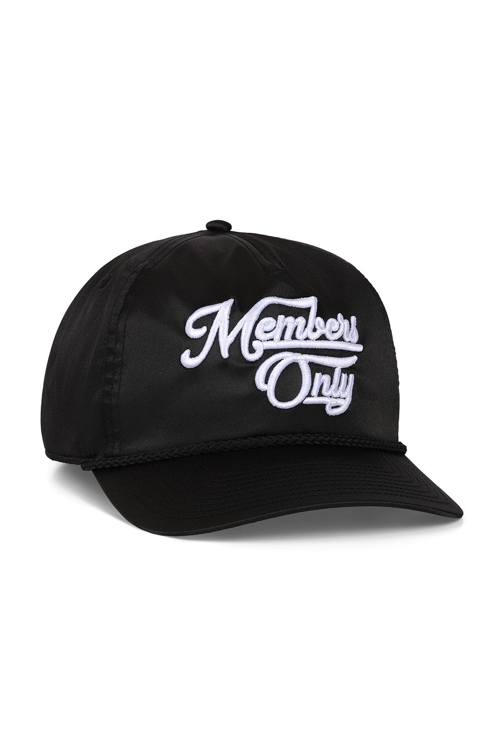 MEMBERS EXCLUSIVE VINTAGE SATIN SCRIPT TRUCKER HAT - BLACK WHITE