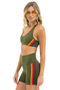 5 STRIPE RAINBOW 4 INCH HI-RISE BIKER SHORT - LEAF